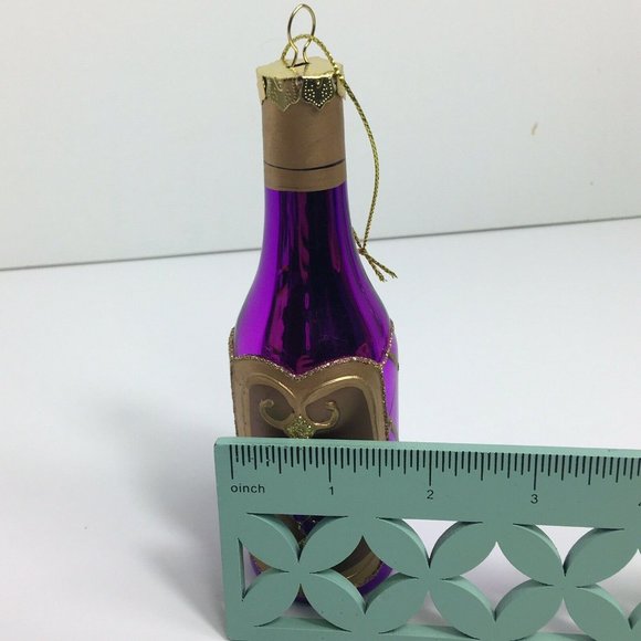 Wine Bottle Christmas Holiday Glass Ornament With Stones Purple Gold Glitter 6" - Picture 10 of 12